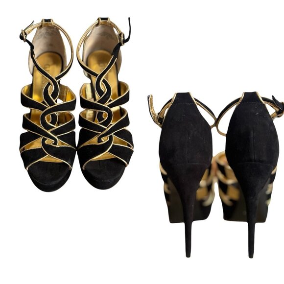 GUESS BLACK/GOLD STILETTO PARTY STRAPPY HEELS SIZE‎ 5 EUC - Picture 4 of 5